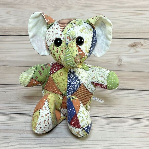 VTG 80s Faux Patchwork Quilt Bunny & Elephant 12” Stuffed Animal Plush Set of 2 - Picture 6 of 16